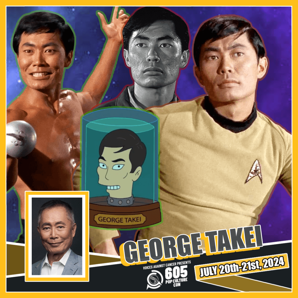 Professional headshot of George Takei with characters from Star Trek and Futurama in the background.
