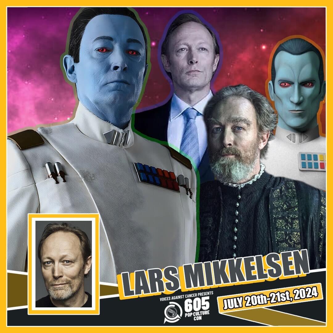 Professional headshot of Lars Mikkelsen with characters from The Witcher and Star Wars in the background.