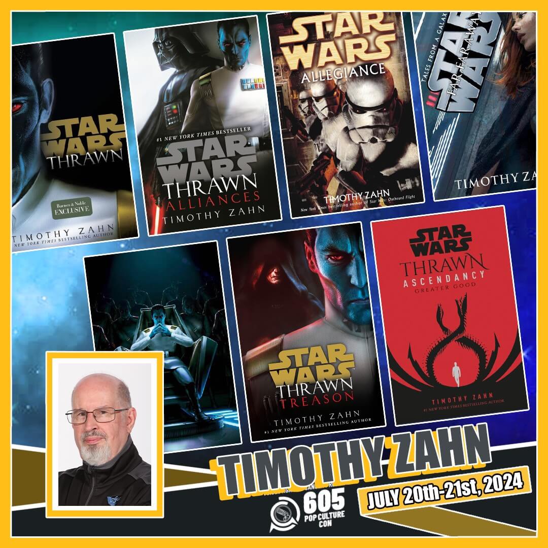 Professional headshot of Timothy Zahn with covers of Star Wars books behind him
